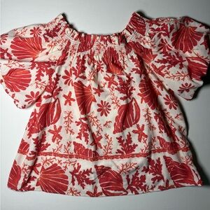 CeCe Off Shoulder Coral-Red Shell Print Blouse Size Small Coastal Beach Top